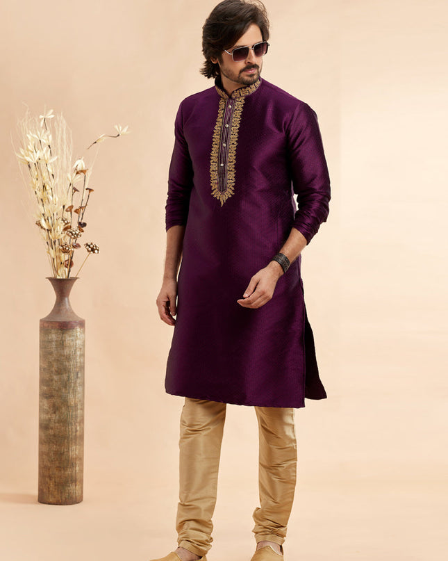 Wine Jacquard Art Silk Embroidered Kurta Pajama Set