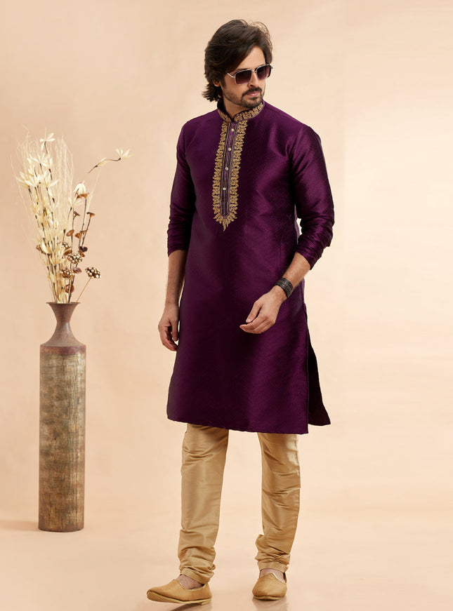 Wine Jacquard Art Silk Embroidered Kurta Pajama Set