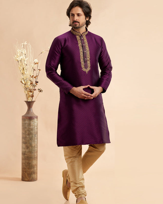 Wine Jacquard Art Silk Embroidered Kurta Pajama Set