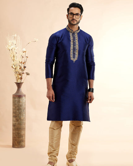 Indigo Blue Jacquard Art Silk Embroidered Kurta Pajama Set