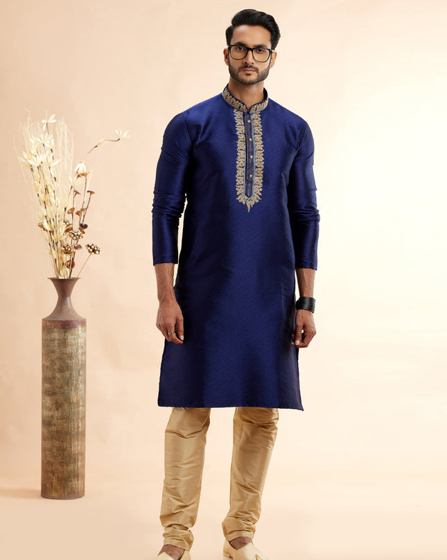 Indigo Blue Jacquard Art Silk Embroidered Kurta Pajama Set