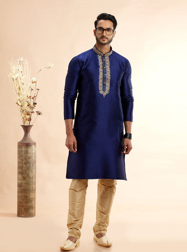 Indigo Blue Jacquard Art Silk Embroidered Kurta Pajama Set