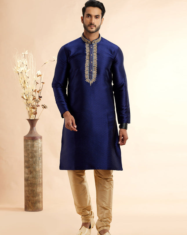 Indigo Blue Jacquard Art Silk Embroidered Kurta Pajama Set