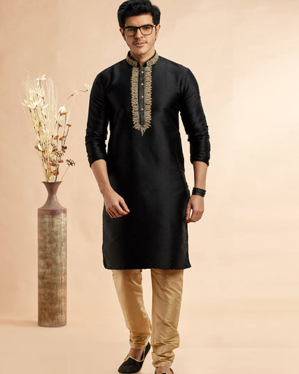 Black Jacquard Art Silk Embroidered Kurta Pajama Set