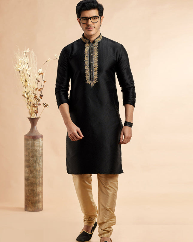 Black Jacquard Art Silk Embroidered Kurta Pajama Set