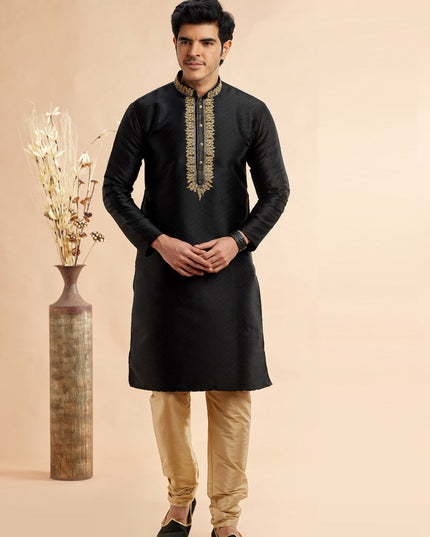 Black Jacquard Art Silk Embroidered Kurta Pajama Set