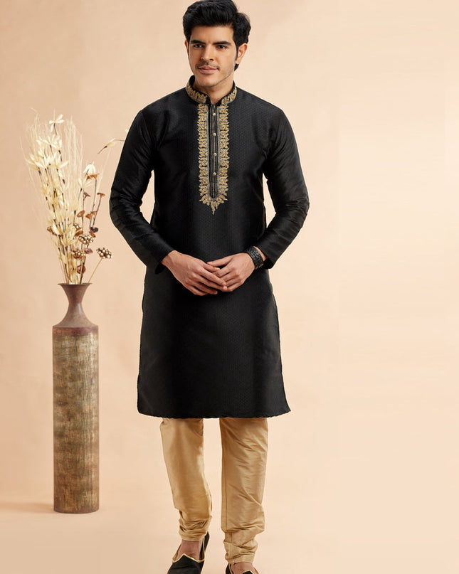 Black Jacquard Art Silk Embroidered Kurta Pajama Set