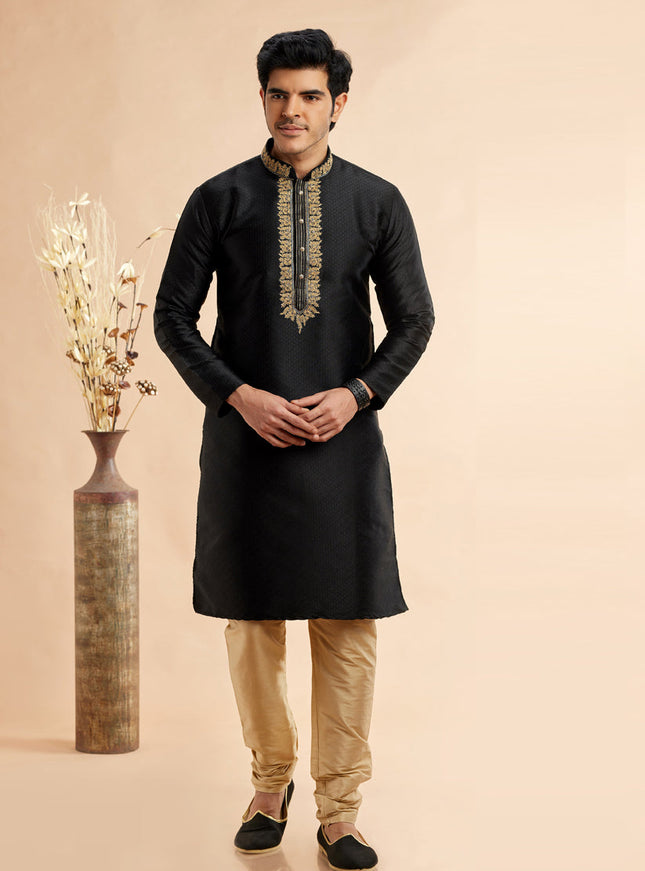 Black Jacquard Art Silk Embroidered Kurta Pajama Set