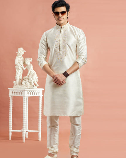 Ivory Banarasi Art Silk Embroidered Kurta Pajama Set