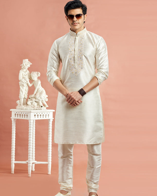 Ivory Banarasi Art Silk Embroidered Kurta Pajama Set