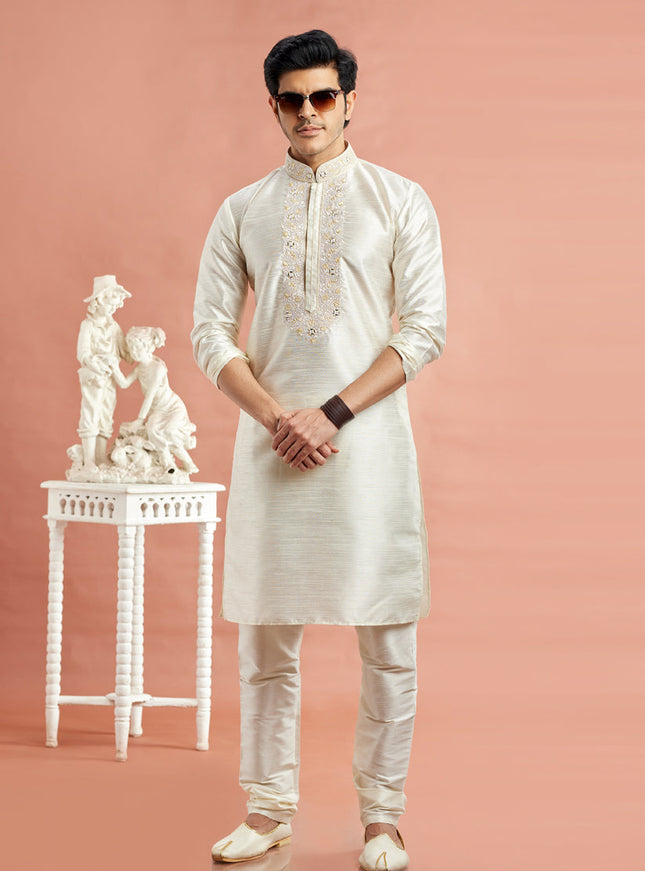 Ivory Banarasi Art Silk Embroidered Kurta Pajama Set