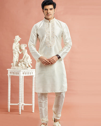 Ivory Banarasi Art Silk Embroidered Kurta Pajama Set
