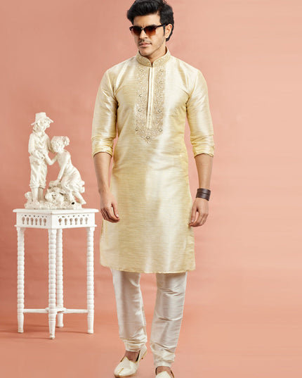 Pastel Yellow Banarasi Art Silk Embroidered Kurta Pajama Set