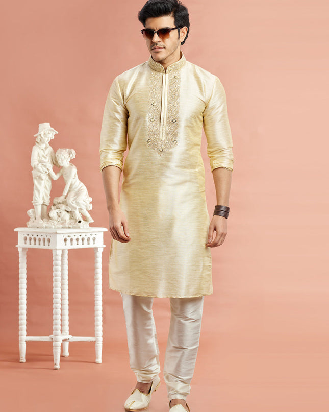 Pastel Yellow Banarasi Art Silk Embroidered Kurta Pajama Set