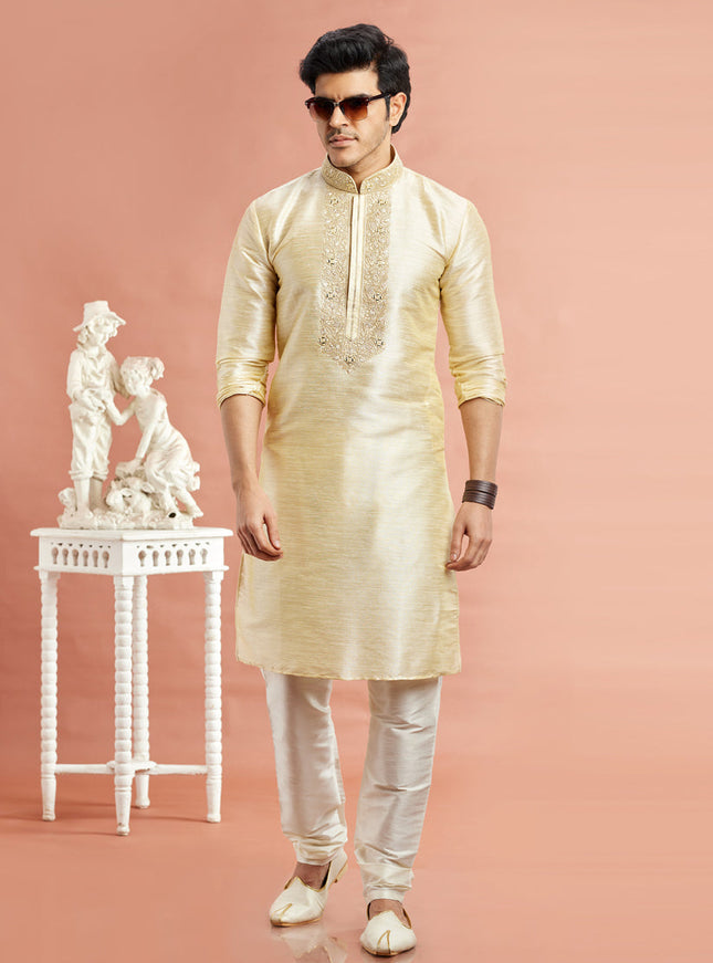 Pastel Yellow Banarasi Art Silk Embroidered Kurta Pajama Set