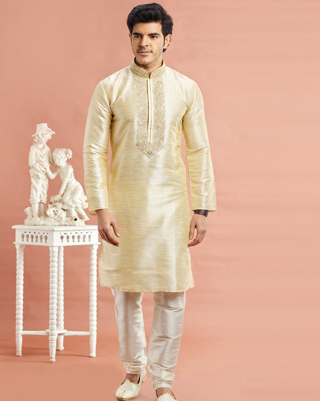 Pastel Yellow Banarasi Art Silk Embroidered Kurta Pajama Set