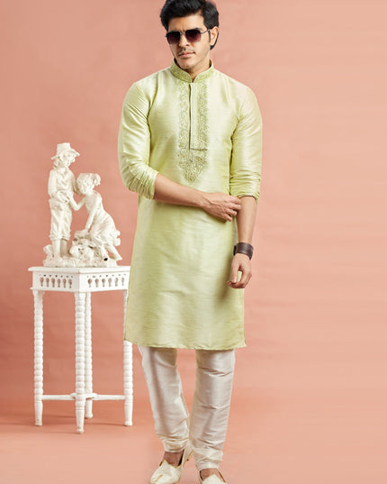 Pastel Green Banarasi Art Silk Embroidered Kurta Pajama Set