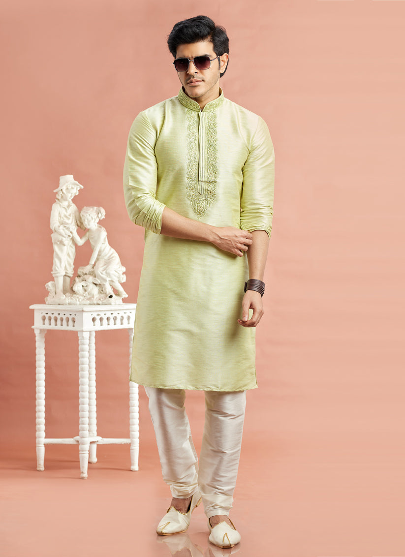 Pastel Green Banarasi Art Silk Embroidered Kurta Pajama Set