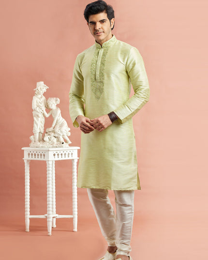 Pastel Green Banarasi Art Silk Embroidered Kurta Pajama Set