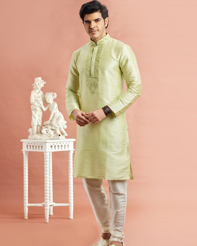 Pastel Green Banarasi Art Silk Embroidered Kurta Pajama Set
