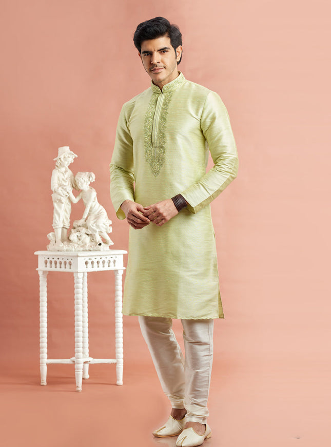 Pastel Green Banarasi Art Silk Embroidered Kurta Pajama Set
