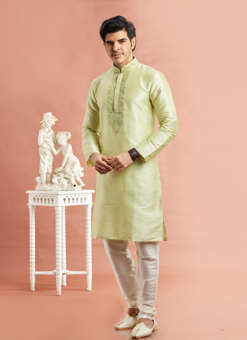 Pastel Green Banarasi Art Silk Embroidered Kurta Pajama Set