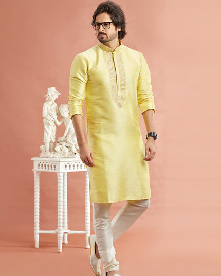 Lemon Yellow Banarasi Art Silk Embroidered Kurta Pajama Set