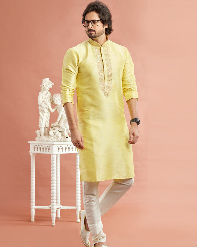 Lemon Yellow Banarasi Art Silk Embroidered Kurta Pajama Set