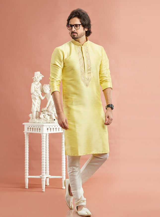 Lemon Yellow Banarasi Art Silk Embroidered Kurta Pajama Set