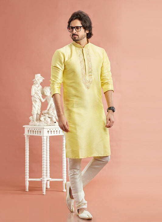 Lemon Yellow Banarasi Art Silk Embroidered Kurta Pajama Set