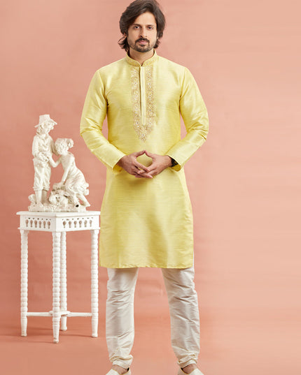 Lemon Yellow Banarasi Art Silk Embroidered Kurta Pajama Set
