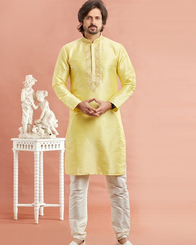 Lemon Yellow Banarasi Art Silk Embroidered Kurta Pajama Set