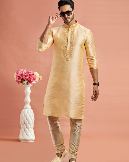 Beige Banarasi Art Silk Embroidered Kurta Pajama Set