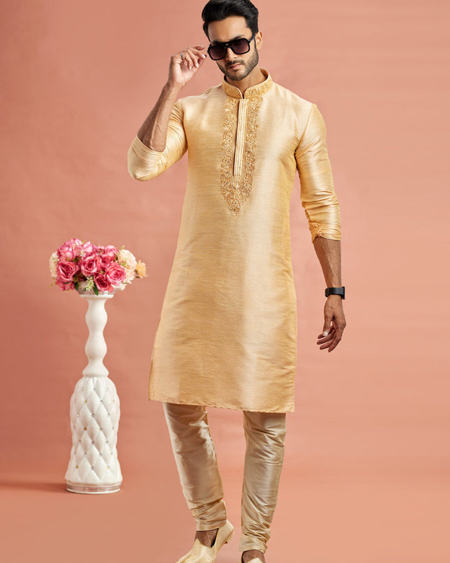 Beige Banarasi Art Silk Embroidered Kurta Pajama Set