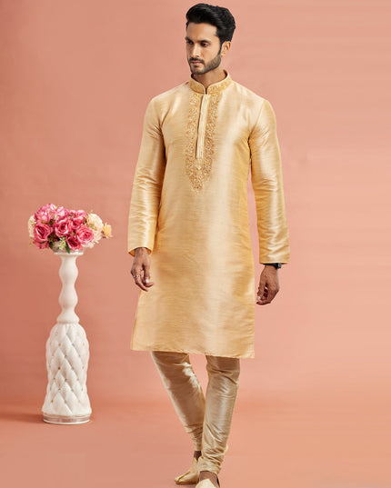 Beige Banarasi Art Silk Embroidered Kurta Pajama Set