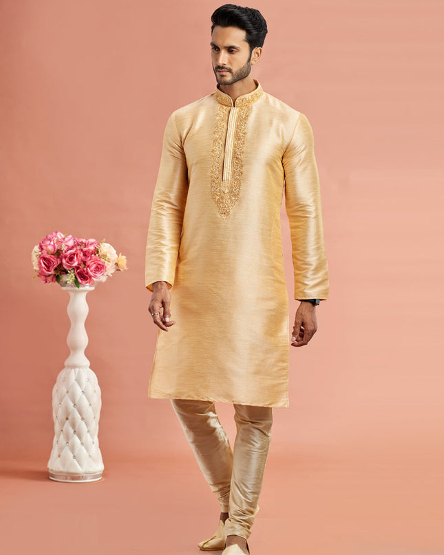 Beige Banarasi Art Silk Embroidered Kurta Pajama Set