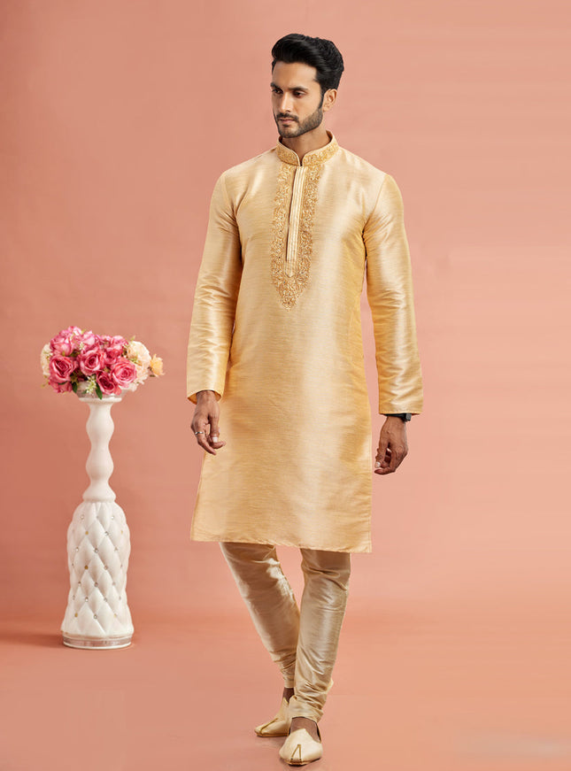 Beige Banarasi Art Silk Embroidered Kurta Pajama Set