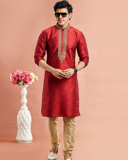 Rust Red Banarasi Art Silk Embroidered Kurta Pajama Set