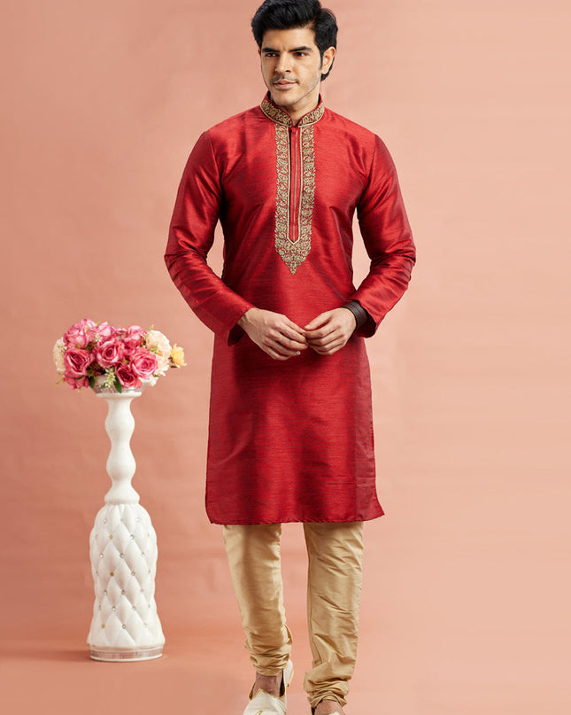 Rust Red Banarasi Art Silk Embroidered Kurta Pajama Set