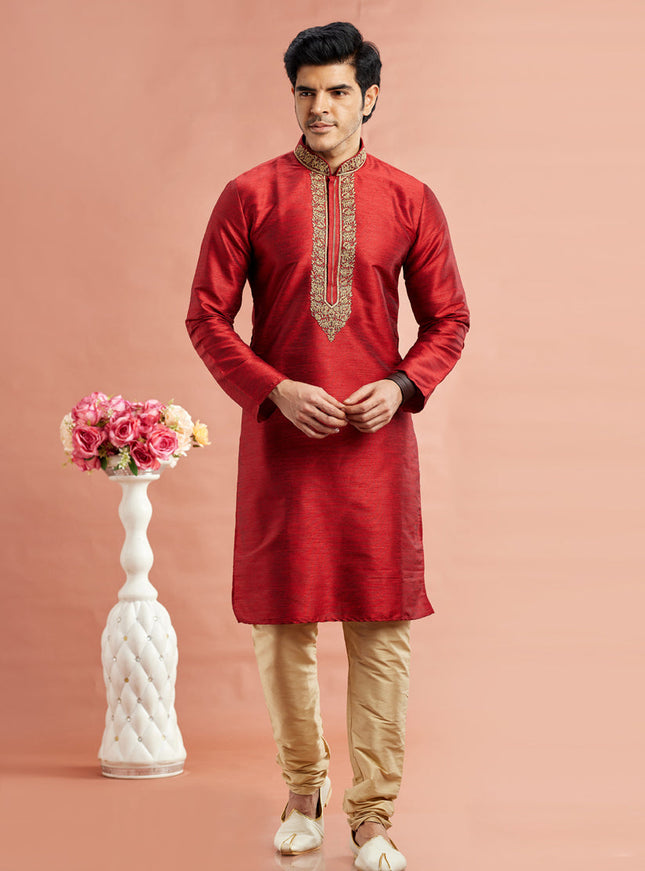 Rust Red Banarasi Art Silk Embroidered Kurta Pajama Set