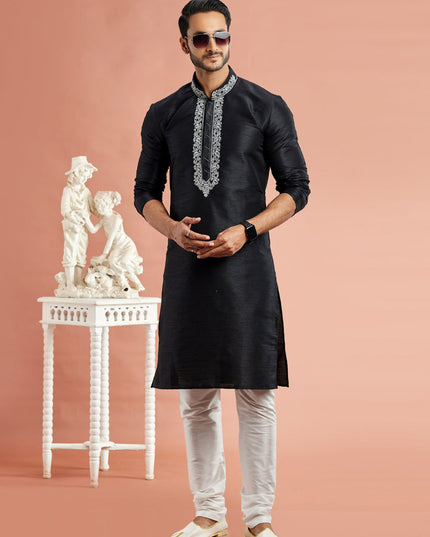 Black Banarasi Art Silk Embroidered Kurta Pajama Set
