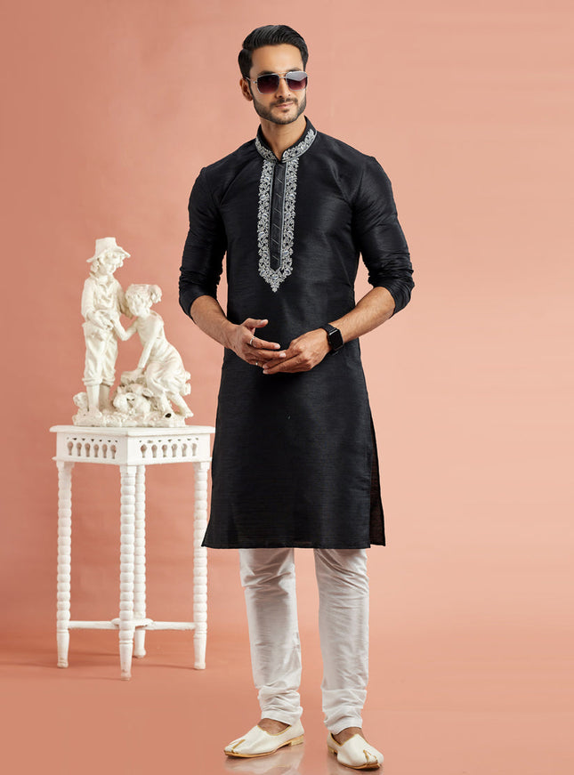 Black Banarasi Art Silk Embroidered Kurta Pajama Set