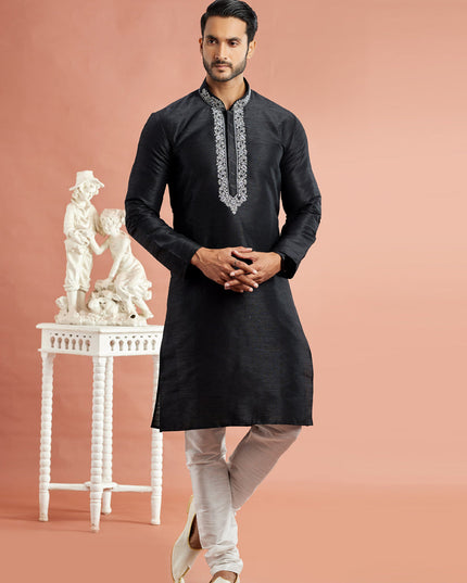Black Banarasi Art Silk Embroidered Kurta Pajama Set
