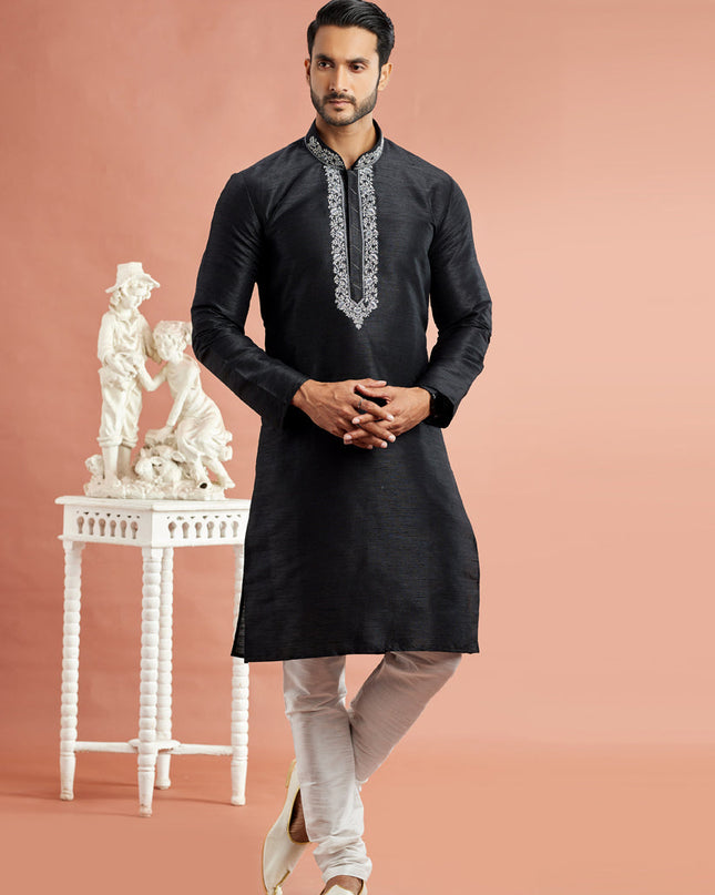 Black Banarasi Art Silk Embroidered Kurta Pajama Set