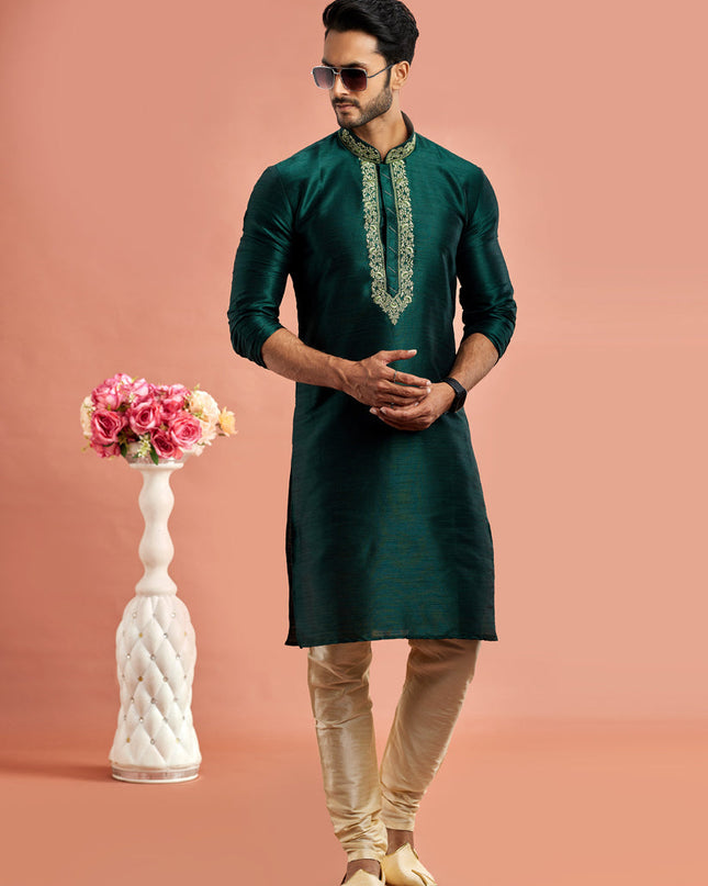 Pine Green Banarasi Art Silk Embroidered Kurta Pajama Set
