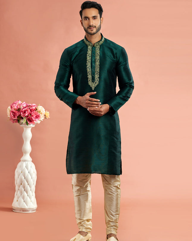 Pine Green Banarasi Art Silk Embroidered Kurta Pajama Set