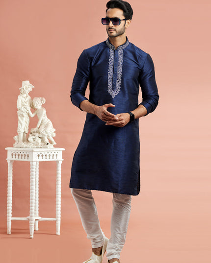 Midnight Blue Banarasi Art Silk Embroidered Kurta Pajama Set
