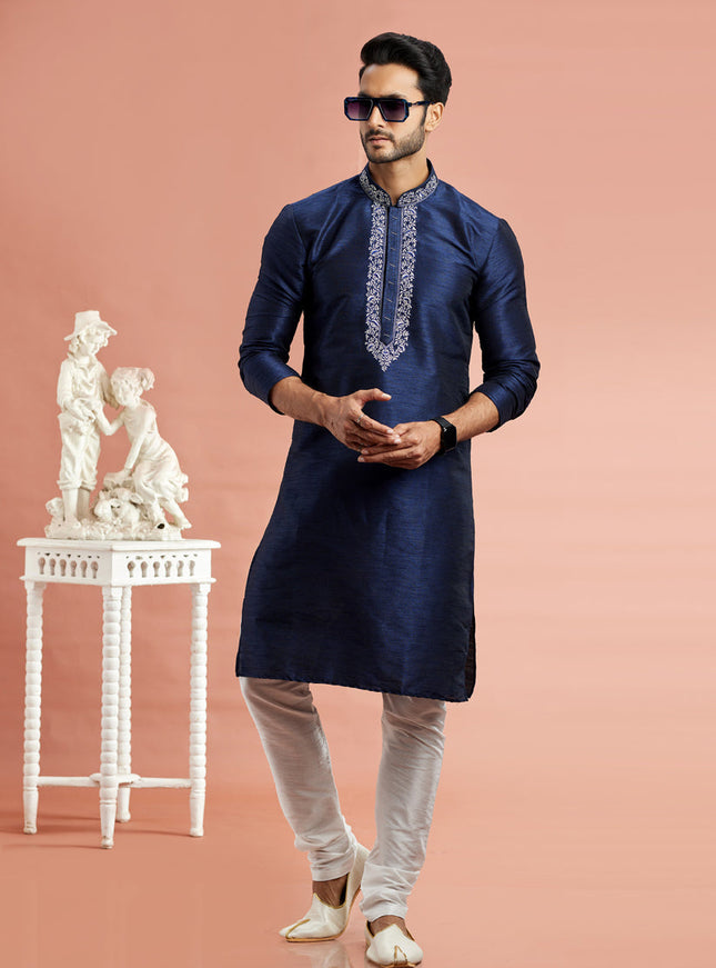 Midnight Blue Banarasi Art Silk Embroidered Kurta Pajama Set