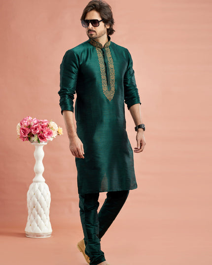 Bottle Green Banarasi Art Silk Embroidered Kurta Pajama Set
