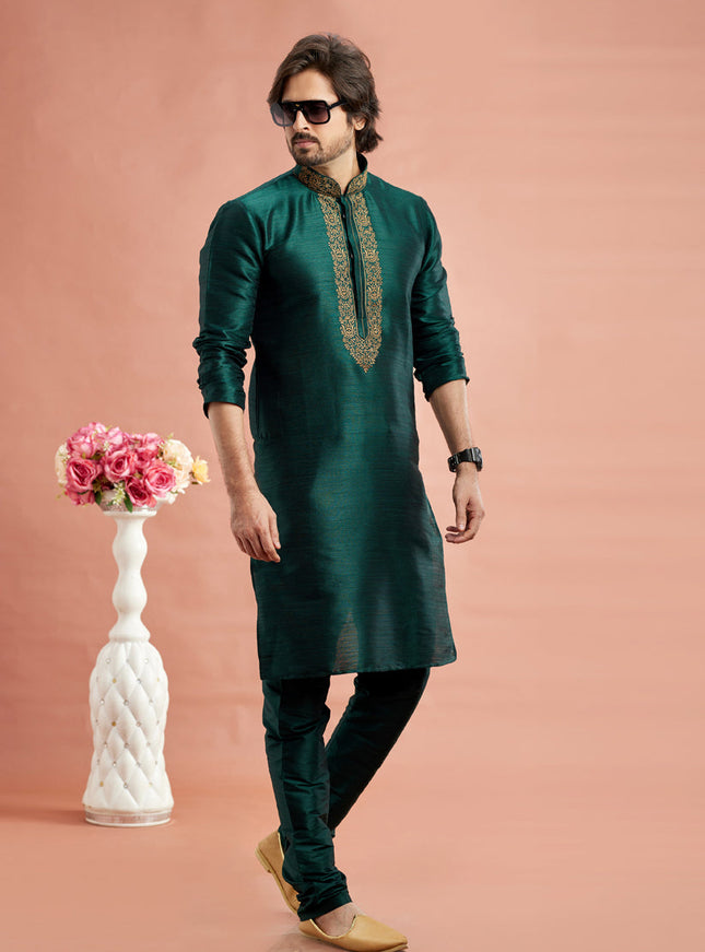Bottle Green Banarasi Art Silk Embroidered Kurta Pajama Set